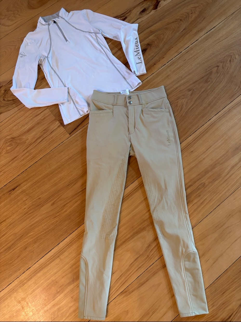 LeMieux young rider (13-14) Tan Riding show breeches and show shirt